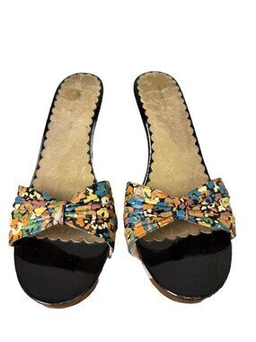 Vtg 90s MARC JACOBS 38 Floral Leather Open Toe Wood Mules Platform Sandals Italy
